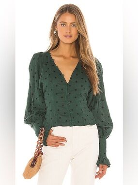 Tularosa Forest Green Polka Dot V-Neck Blouse